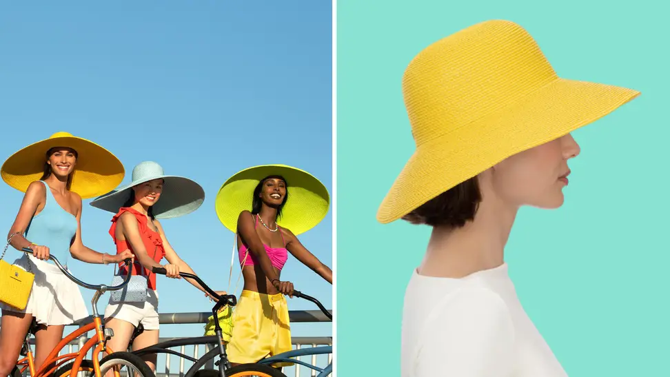 Women riding bikes while wearing oversized sun hats, and a woman wearing a yellow straw fedora.