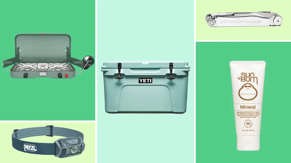 Camping products on greenbackground