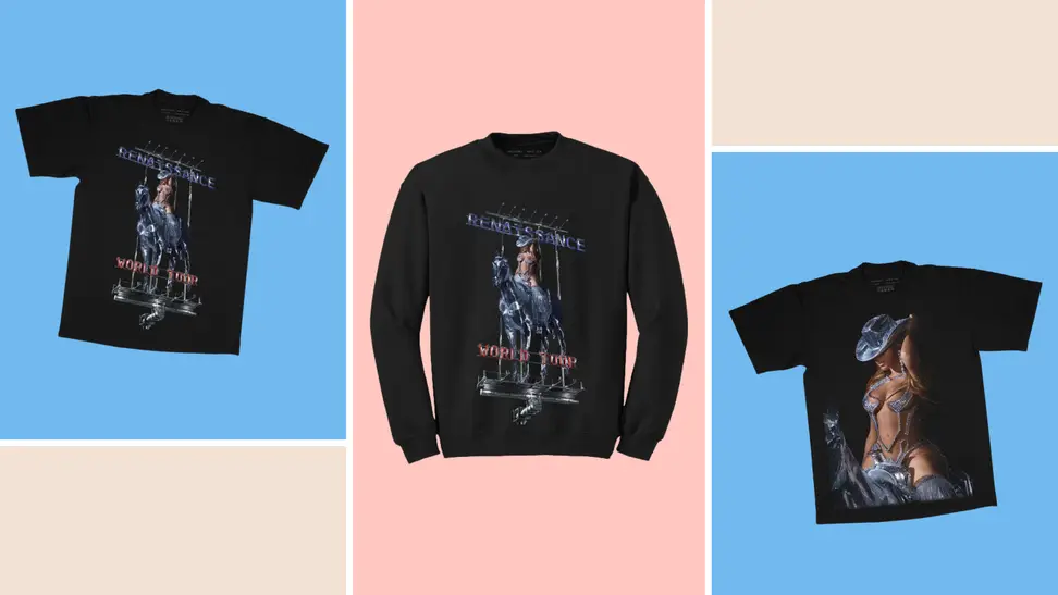 Two t-shirts and one sweatshirt collaged against a pink and blue background. The shirts feature an image of Beyonce in a silver cowboy outfit.