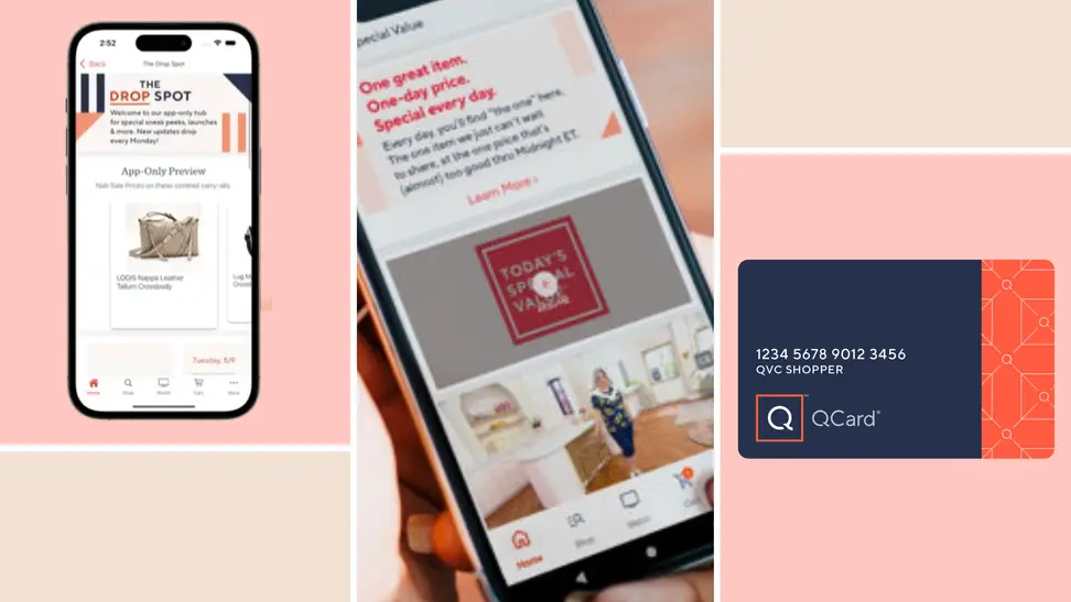 A phone with QVC app, person holding a phone with QVC newsletter and a QVC credit card