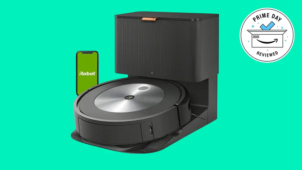 The iRobot j7+ against a teal background.