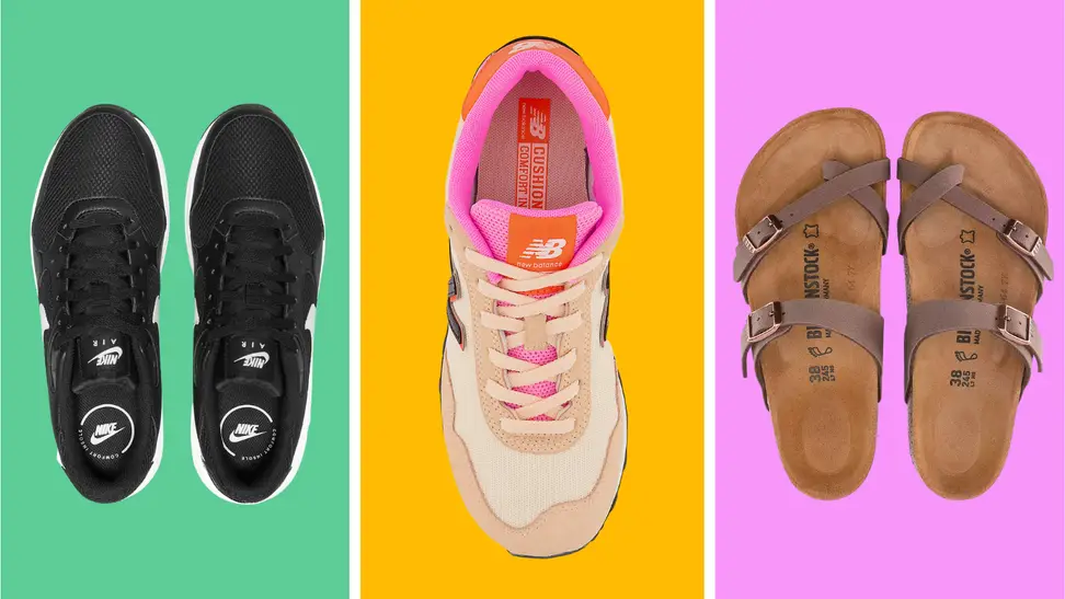 An image of a black pair of Nike running shoes, a single New Balance sneaker in tan and hot pink, and a pair of Birkenstock Mayari sandals in brown with cork footbeds.