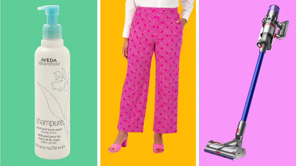 An image of a bottle of Aveda shampoo, an image of a model wearing a bright pink pair of wide-leg pants, and an image of a Dyson vacuum arranged side by side.
