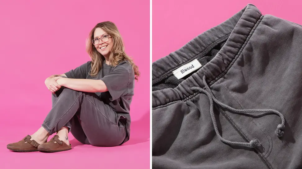 On the left, the author wears the Elwood gray sweatsuit, and on the right is a close-up of the band on the sweatpants.