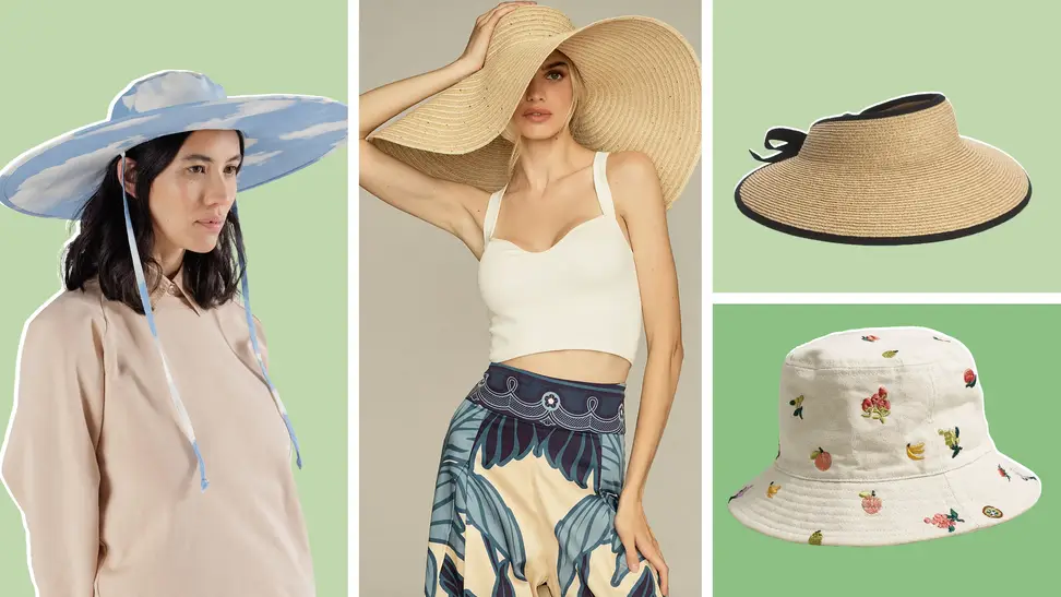 An image of a model wearing a blue sunhat with white clouds on it, a model wearing an oversized straw hat, a raffia visor, and a bucket hat embroidered with fruits on it.