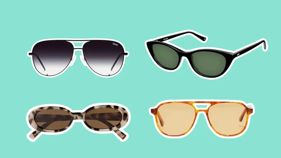 The Net-a-Porter, Pair Eye Wear, Quay, and Madewell sunglasses side-by-side on a green background.