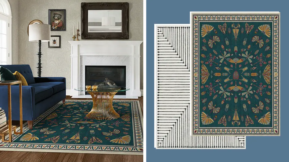 On the left side of the image is a living room setting featuring a Ruggable Premium Rug and on the right side of the image are two Ruggable Premium Rugs on a blue background.