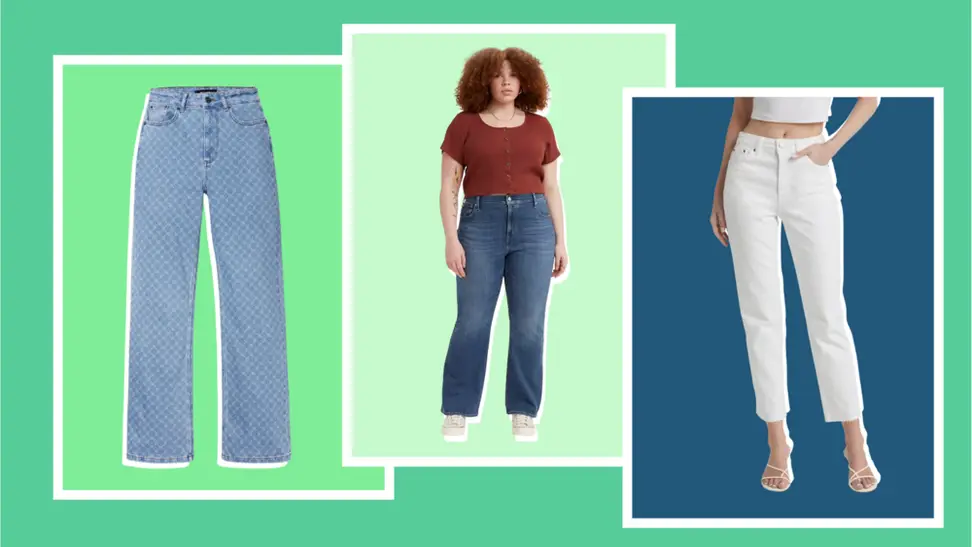 Three pairs of jeans with deep pockets. A pair of blue jeans with a print on them, a model wearing slightly flared blue jeans, and a pair of white cropped jeans.