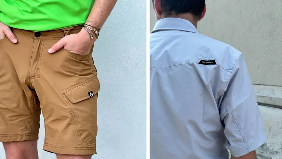 Detail shots of the tester wearing khaki cargo shorts, a neon green shirt, and a gray button-up short-sleeve shirt.