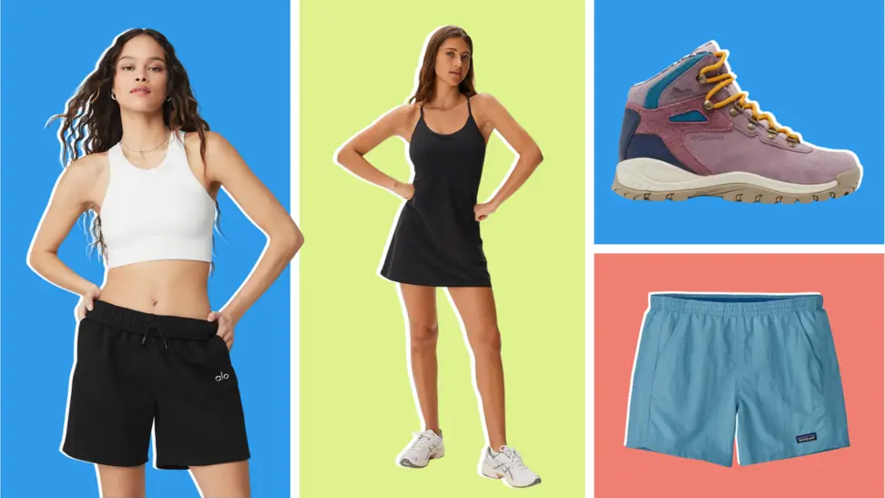 Top, athletic dress, boot, shorts.