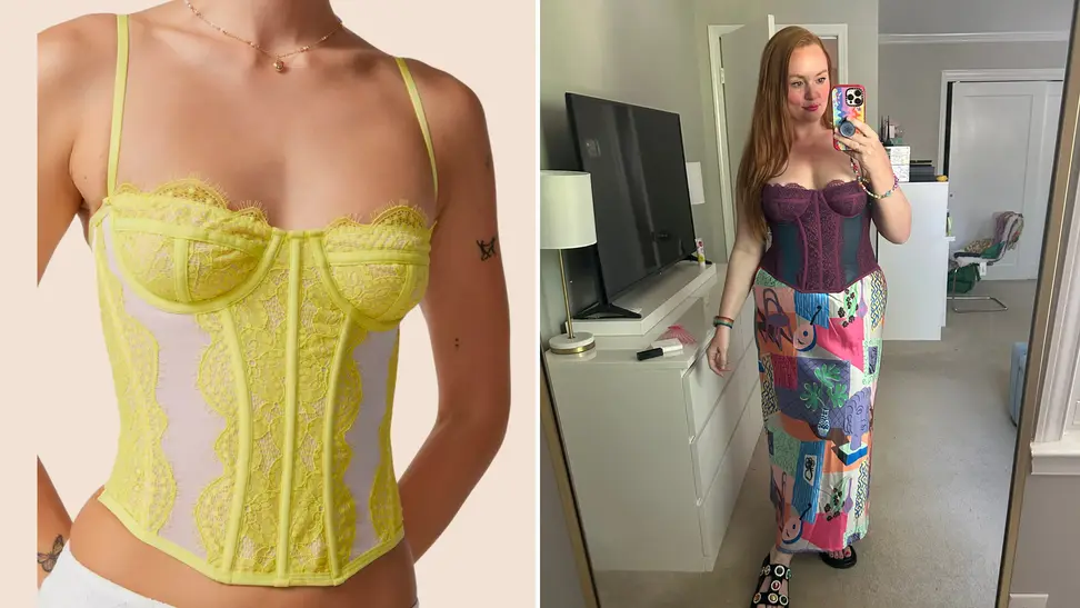 Urban Outfitters corset top in yellow and author wearing the top in the color plum and blue