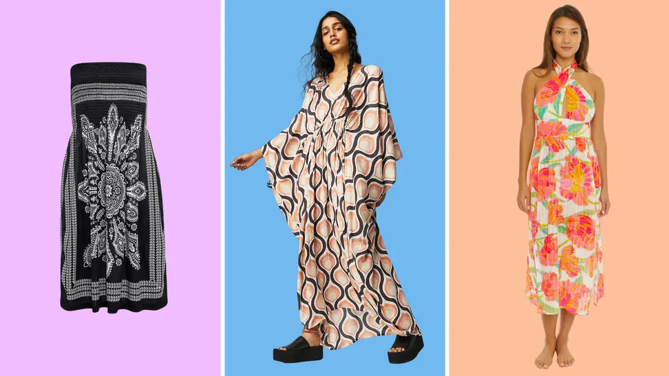A bandeau dress with contrast embroidery. A flowing, printed caftan-style dress. A floral halter dress.