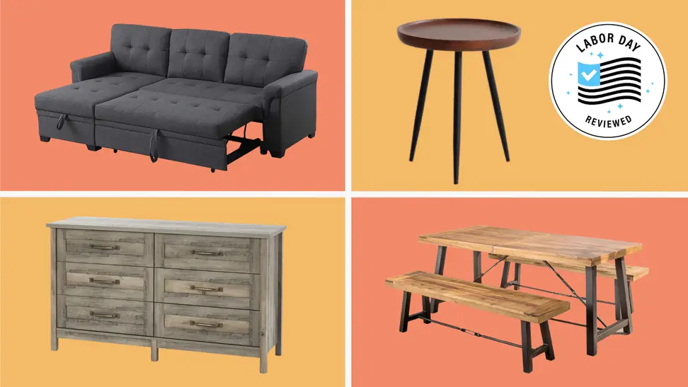 Four furniture pieces in front of multi-colored backgrounds.