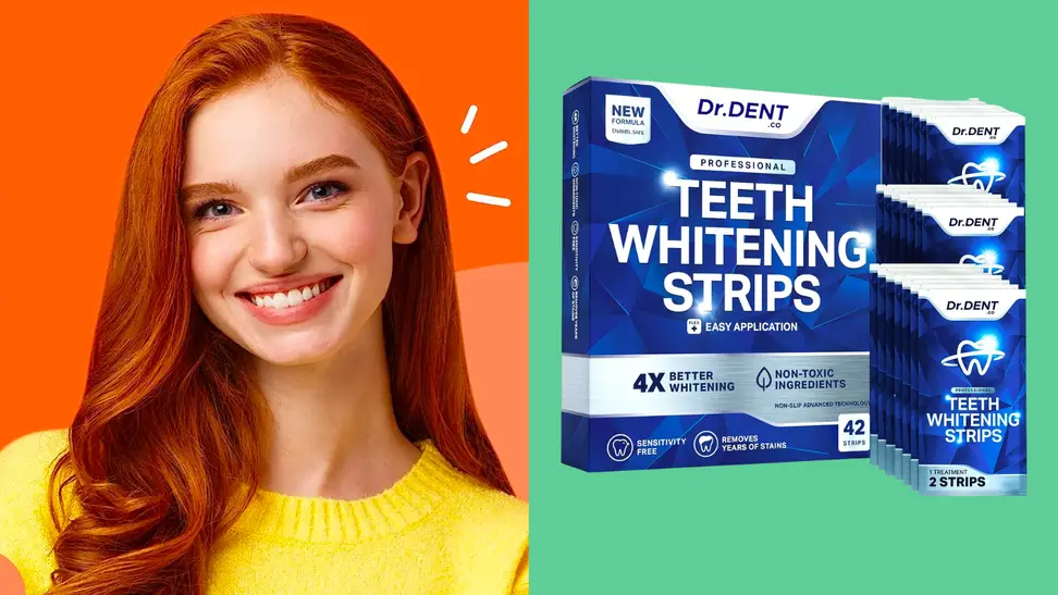 Smiling woman next to a package of DrDent teeth whitening strips