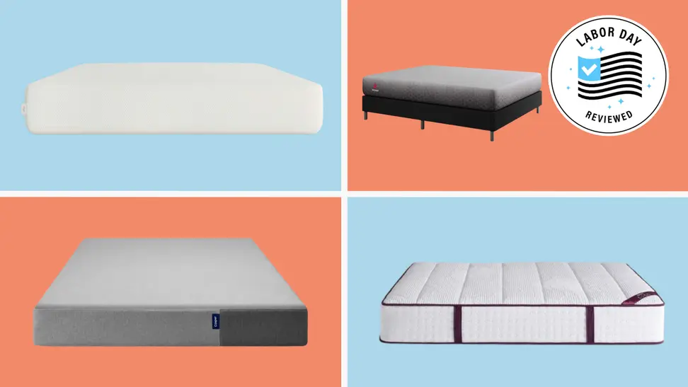Collection of mattresses on sale for Labor Day in front of Labor Day badge and multicolored background.