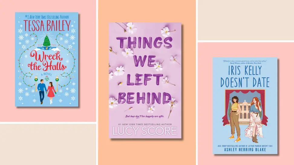 A collage with the book covers of "Wreck the Halls" by Tessa Bailey, "Things We Left Behind" by Lucy Score, and "Iris Kelly Doesn't Date" by Ashley Herring Blake.