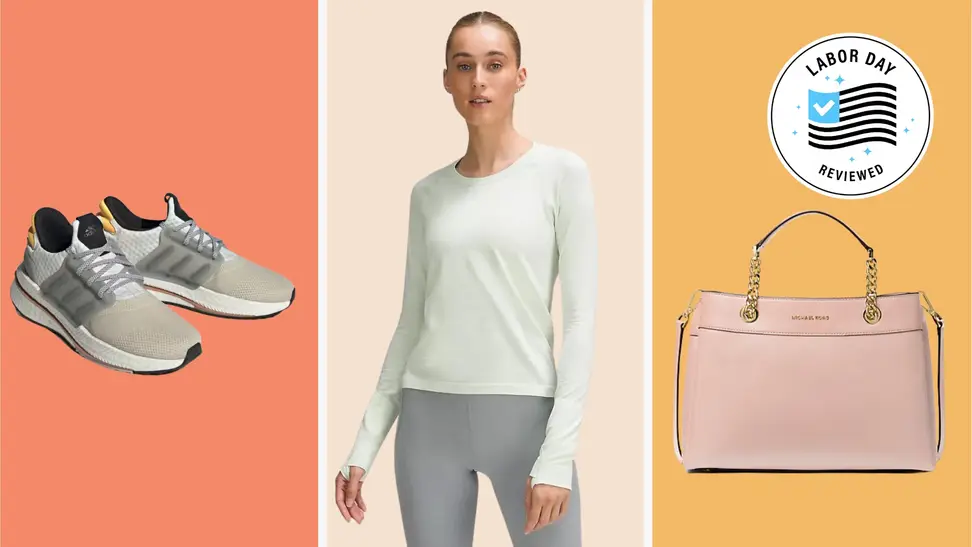 Labor Day fashion deals in front of colored backgrounds.