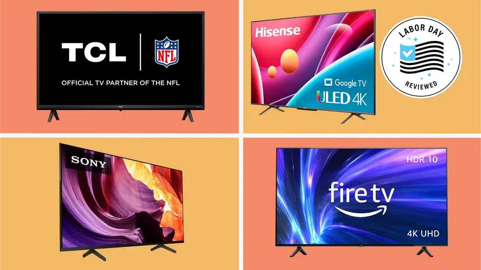 TVs on sale for Labor Day in front of multi-colored backgrounds.