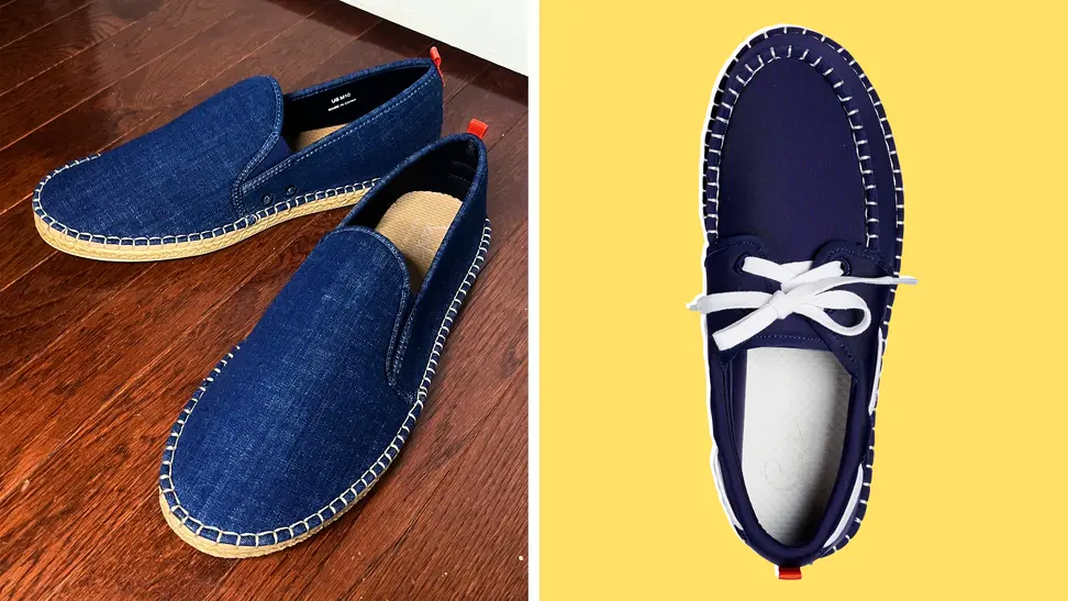 A pair of navy boat shoes and a pair of navy espadrilles.