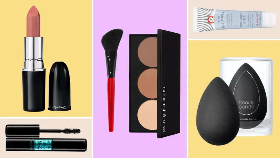 Photo of various beauty products on a colored background.
