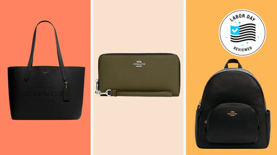A purse, wallet, and backpack from Coach Outlet in a collage.