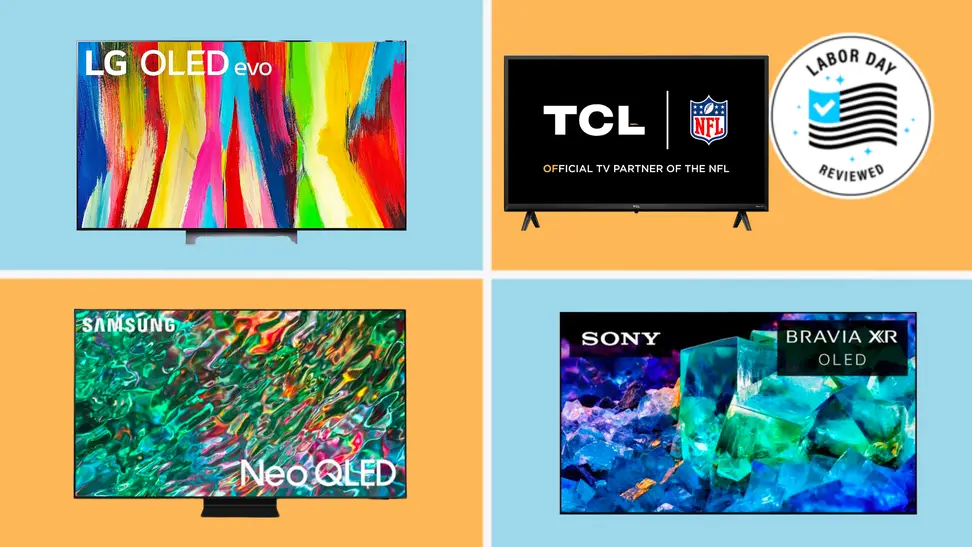 Four TVs on a colorful background