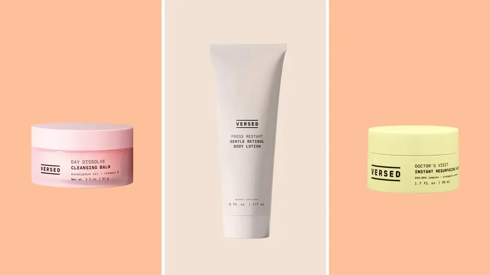 A cleansing balm, body lotion, and face mask from Versed skin care in a collage.