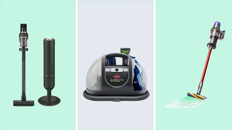 Samsung Jet cordless vaccum on a green background, Bissell Bissell Little Green Pet Deluxe on a grey background, Dyson Outsize+ cordless vacuum on a green background.