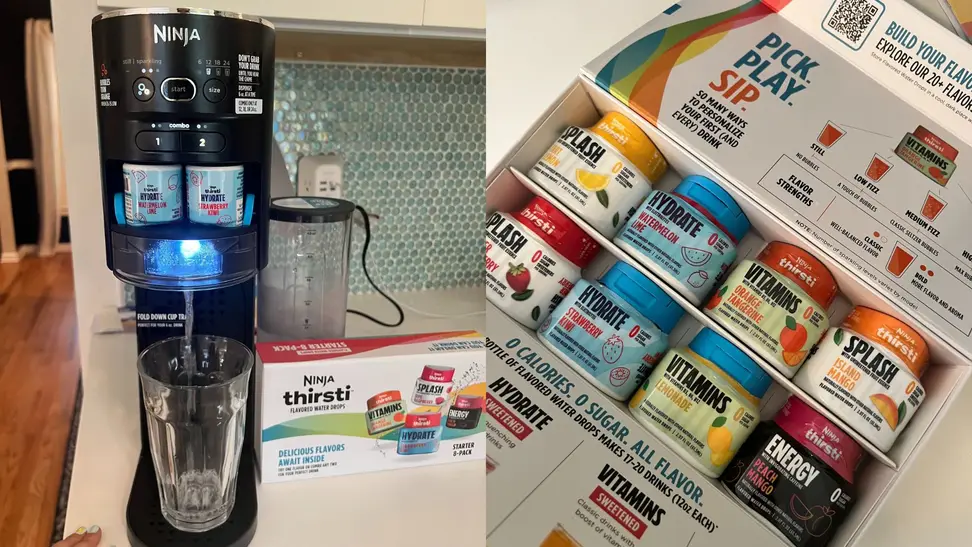 Left: Ninja Thirsti using two flavor pods to produce water in a glass. Right: Box of Ninja Thirsti flavor drop pods.