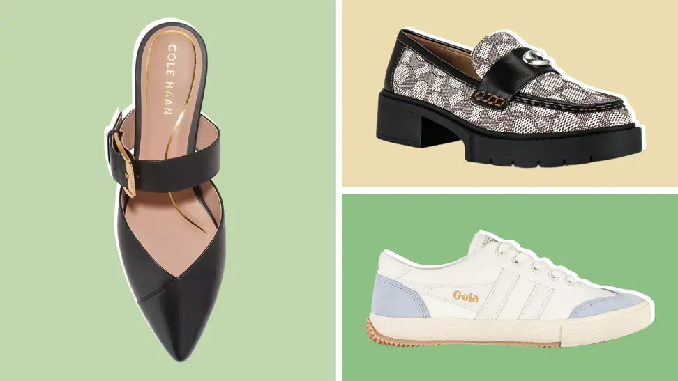 Three pairs of shoes: mules, loafers, and sneakers