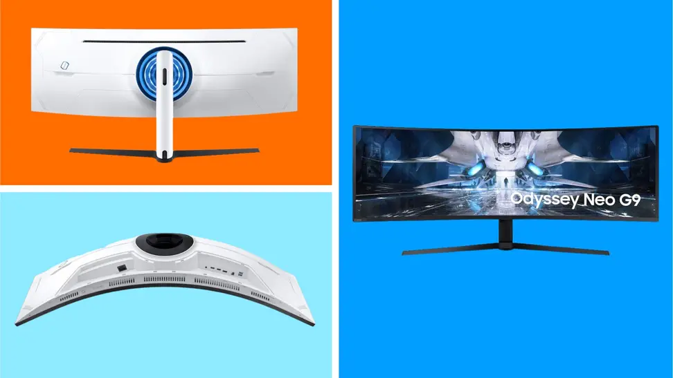 Front, back and bottom view of the Samsung Odyssey Neo G9 curved monitor in front of colored backgrounds.