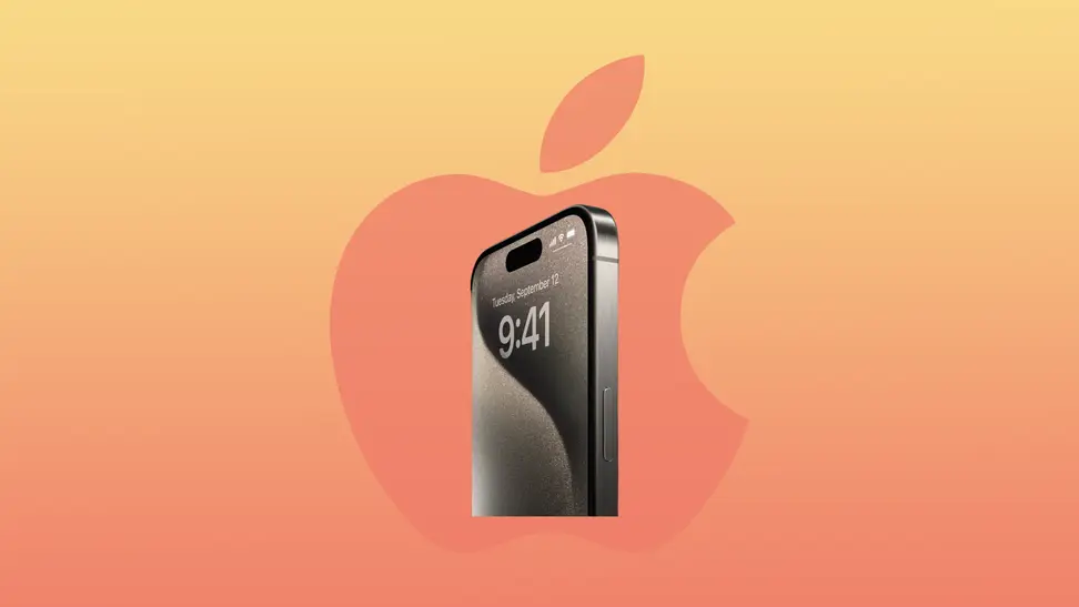 The Apple iPhone 15 Pro and iPhone 15 Pro Max on a yellow and orange background with the Apple logo.