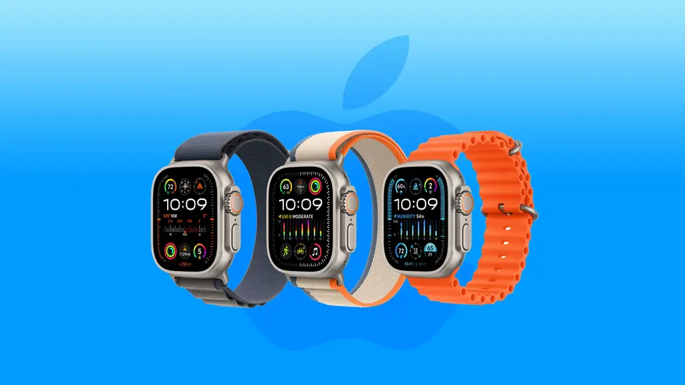 The Apple Watch Ultra Series 2 over a blue background with the Apple logo.
