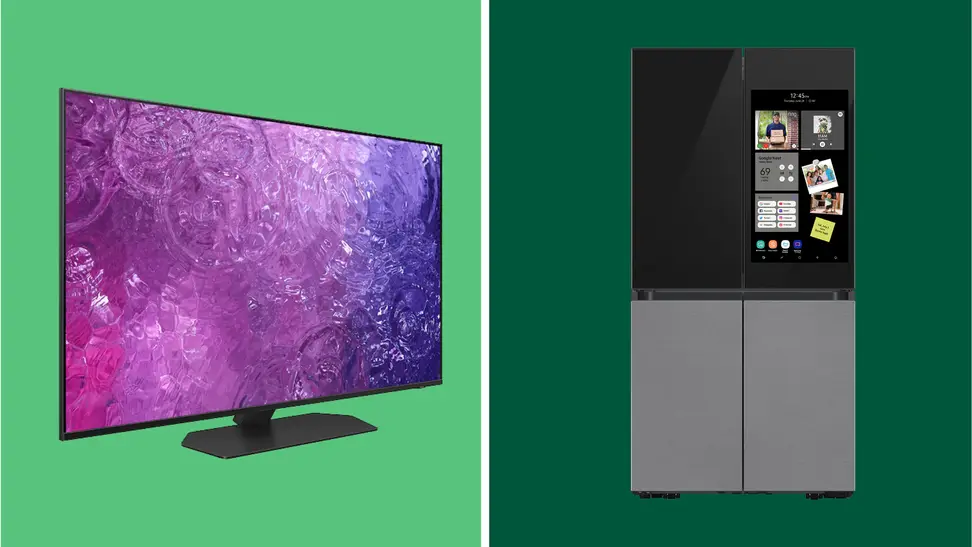 A black Samsung Bespoke fridge and a plasma TV on a green background.