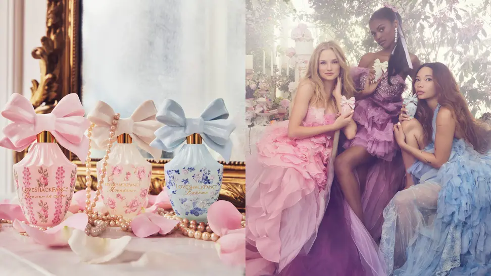 Three LoveShackFancy perfumes and three models holding the perfumes.