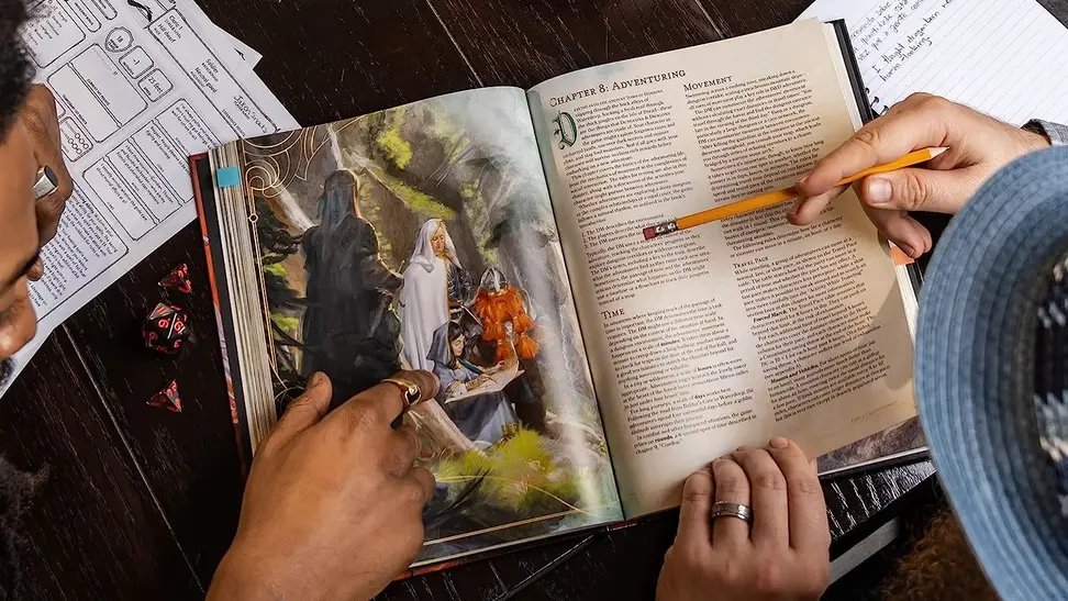 A couple of friends reading a Dungeons & Dragons handbook.