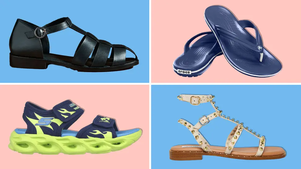 A selection of sandals for men, women, and boys on a pink and blue background.