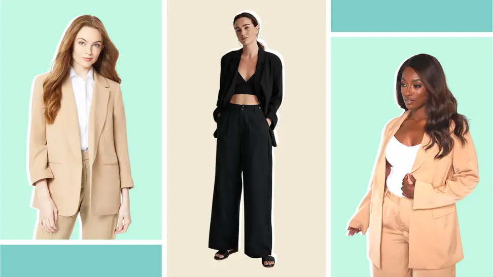 Models posing while wearing khaki, black, and beige suits with oversized blazers.