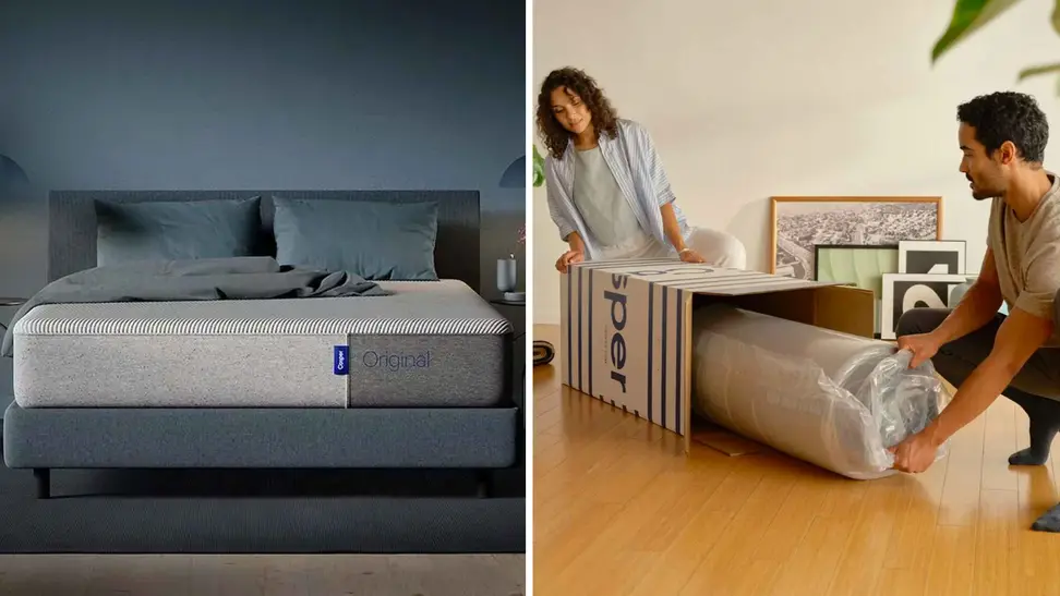 Casper mattress and a couple opening up a new Casper mattress