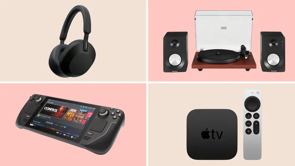 A collage featuring the Sony WH-1000XM5 headphones, Crosley turntable, Steam Deck, and the Apple TV 4K.