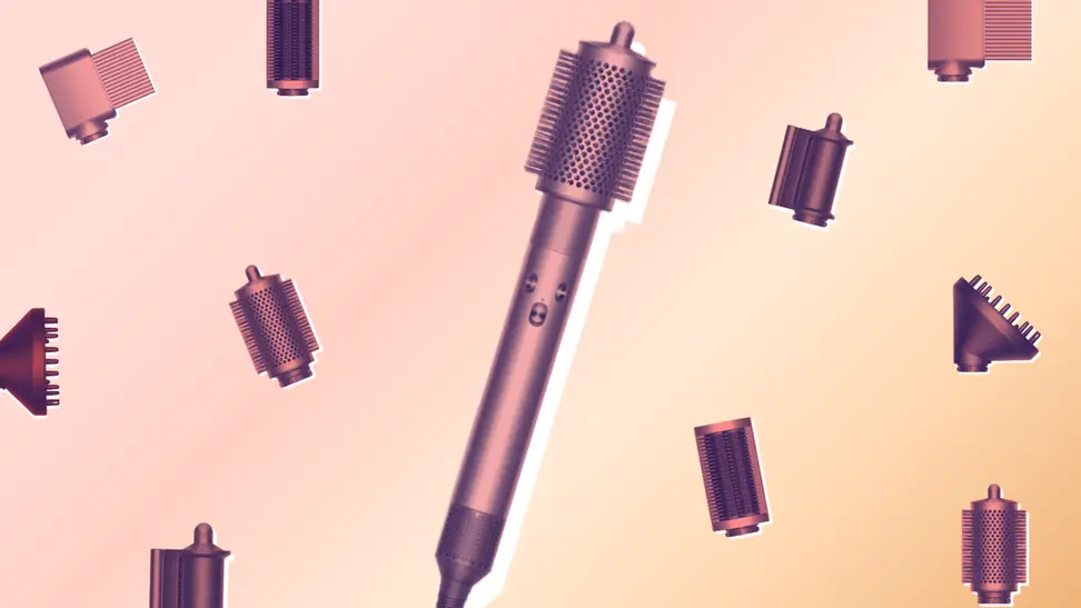 Dyson Airwrap surrounded by five hair attachments.