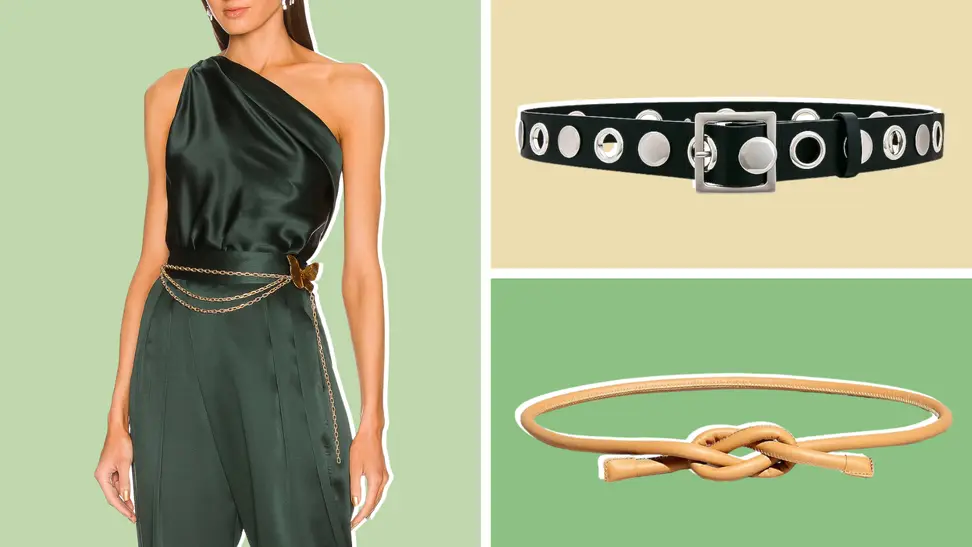 A model wearing a chain belt with a butterfly on it, a studded black belt, and a leather tan belt.