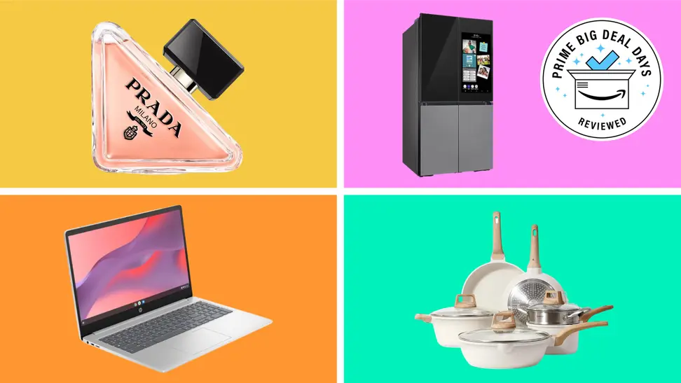 Four products on sale ahead of October Prime Day with the Prime Big Deal Days Reviewed badge in front of colored backgrounds.