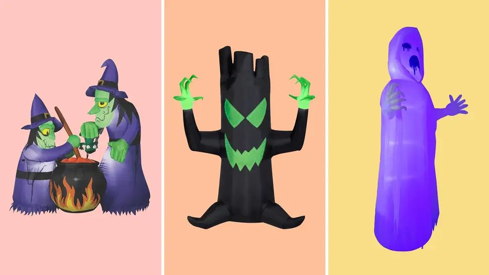 From left to right: Witches stirring a cauldron inflatables on a pink background, a spooky black tree inflatable on an orange background, and a purple ghost inflatable on a yellow background.