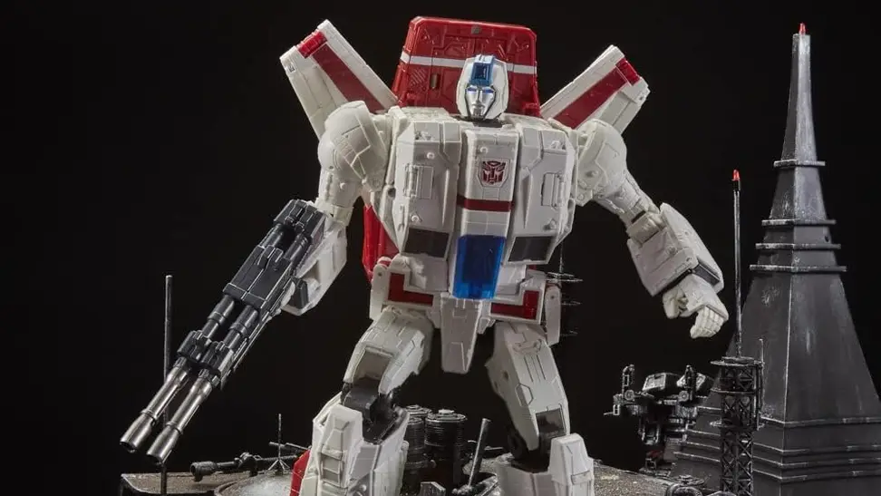 A Transformers action figure on a black background.