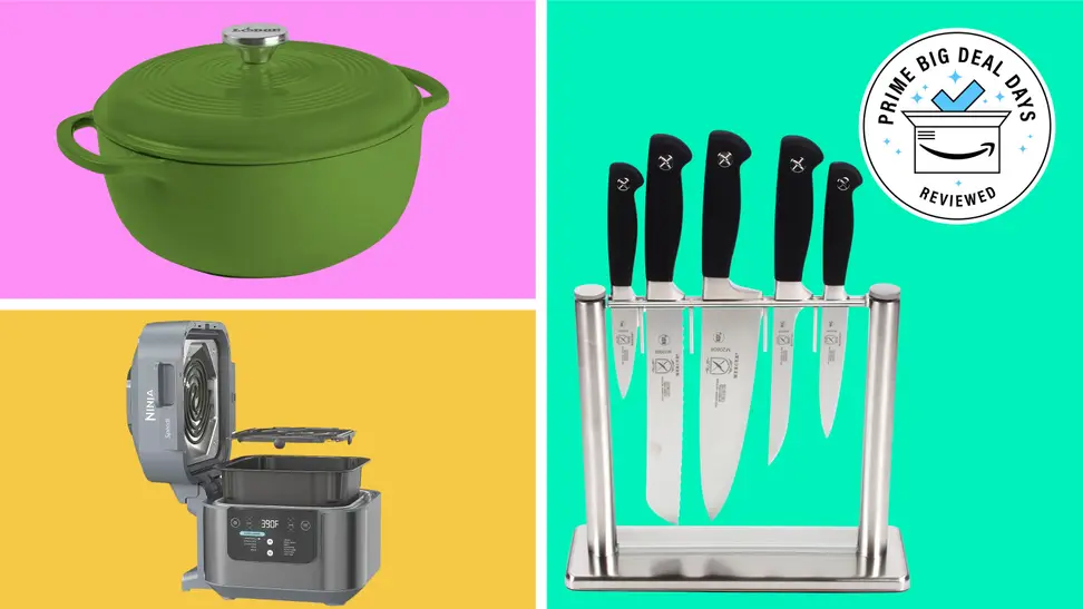 A collage of discounted kitchen essentials from Amazon with the Prime Big Deals Day Reviewed badge in front of colored backgrounds.