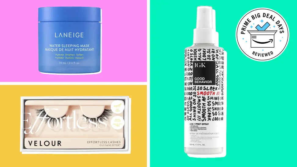Collage featuring a Laneige face mask, a pair of Velour false eyelashes, and a hairspray from IGK.