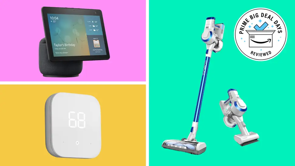 An Amazon Echo Show, an Amazon Smart Thermostat, and a Tineco cordless vacuum against a colorful background.