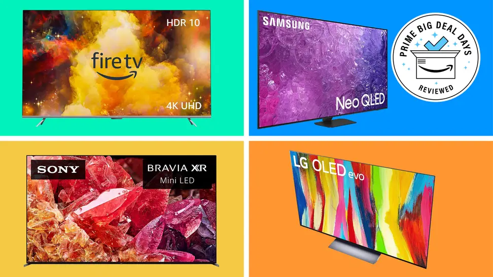 A collection of discounted TVs with the Prime Big Deal Days Reviewed badge in front of colored backgrounds.