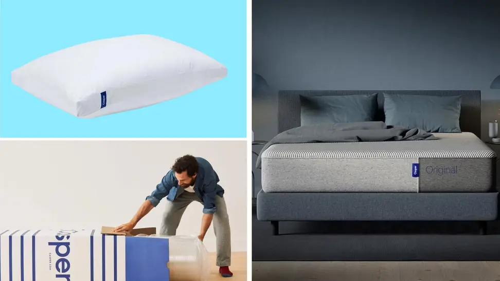 Casper products displayed on various colored backgrounds.